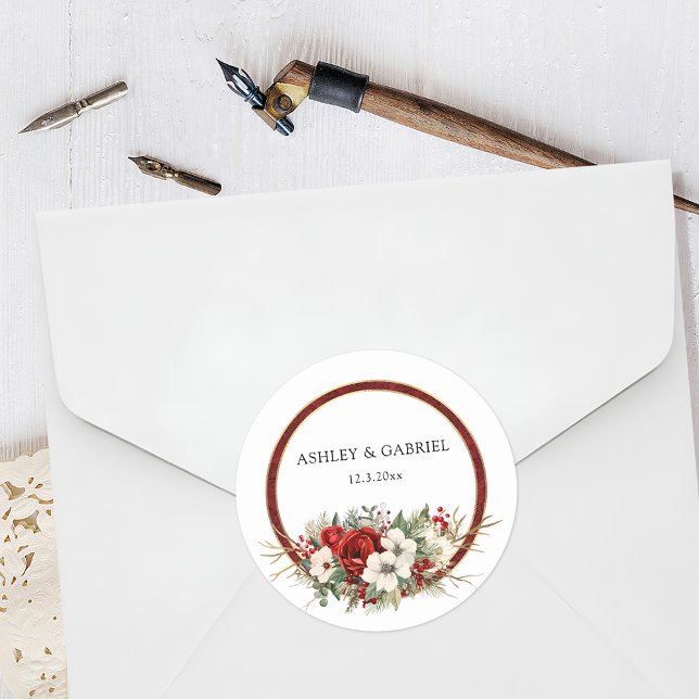 Sticker Rond Élégant Noël Rouge Damas Floral (Créateur téléchargé)