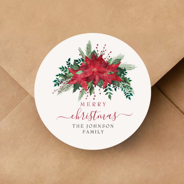Sticker Rond Élégant Noël Rouge Poinsettia (Elegant Red Poinsettia Floral Script Christmas Classic Round Sticker)