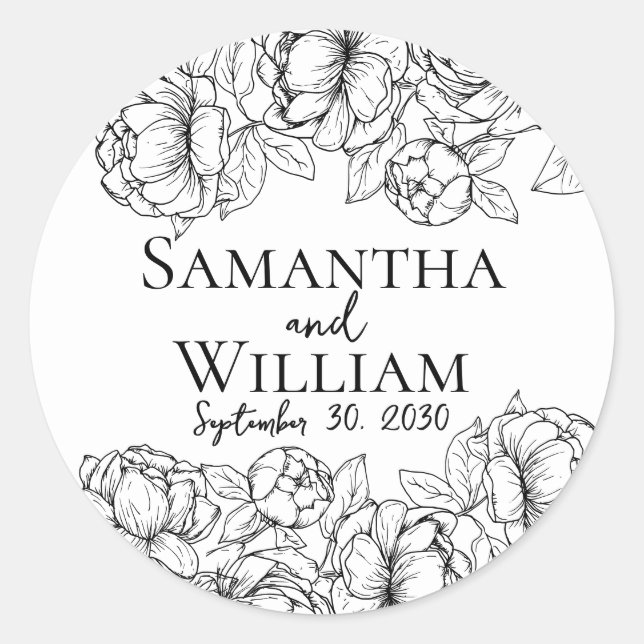 Sticker Rond Elégant noir blanc Boho Floral Mariage moderne (Devant)