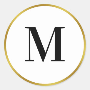 Sticker Rond Élégant noir blanc et or Modèle Monogramme