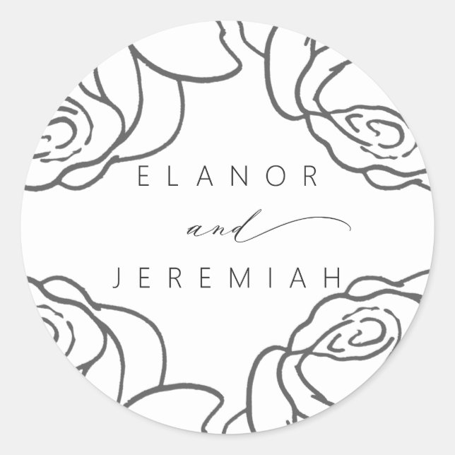 Sticker Rond Élégant noir blanc Mariage de calligraphie florale (Devant)