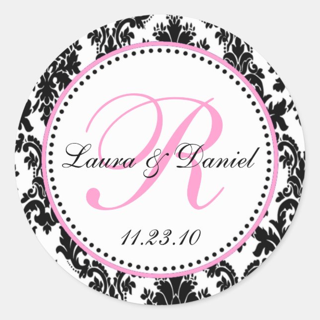Sticker Rond Elégant noir blanc rose damas (Devant)