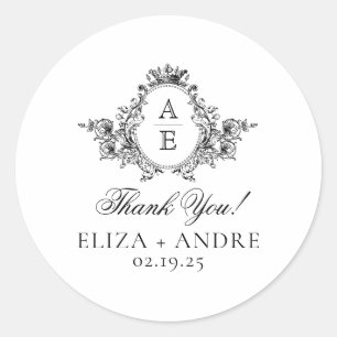 Sticker Rond Élégant, noir et blanc Crest Mariage