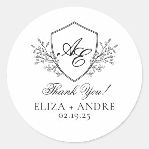 Sticker Rond Élégant, noir et blanc Crest Mariage
