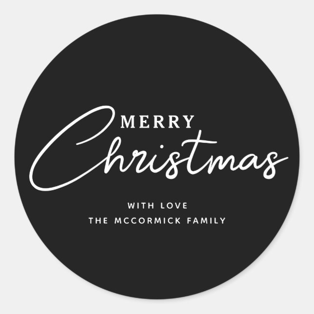 Sticker Rond Élégant Noir Et Blanc Joyeux Script de Noël (Devant)