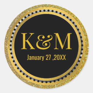 Sticker Rond Élégant Noir Et Or Mariage Initiales Monogrammes