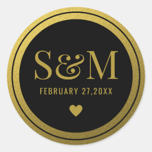 Sticker Rond Élégant Noir Et Or Mariage Initiales Monogrammes