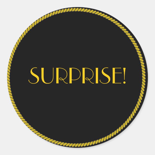 Sticker Rond Elégant noir et or SURPRISE! (Devant)