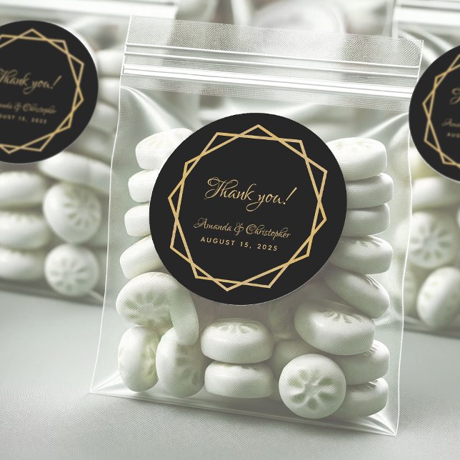Sticker Rond Elégant noir or Merci géométrique Mariage (Créateur téléchargé)