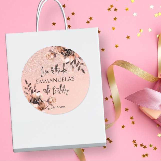 Sticker Rond Elégant noir rose or anniversaire merci pour (Elegant black rose gold birthday party thank you favor  stickers party favors 50th 60th 40th party)