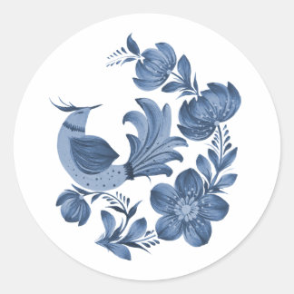 Sticker Rond Élégant oiseau d'art populaire et floral bleu 