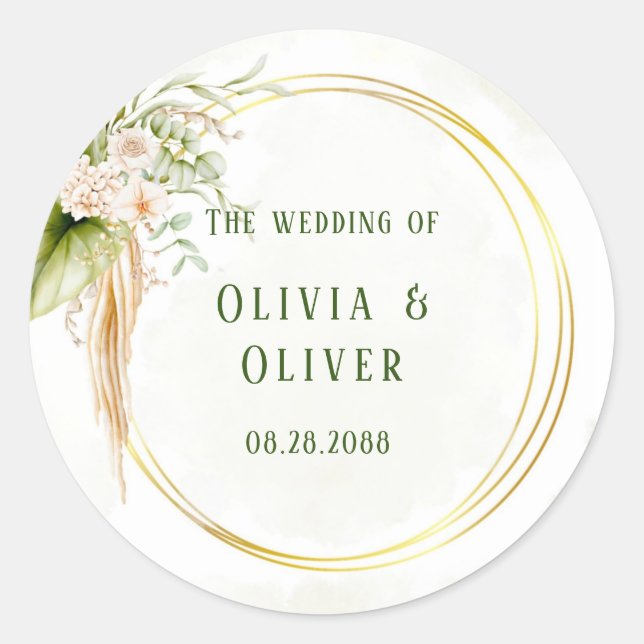 Sticker Rond Élégant Olive Green et Mariage or (Devant)