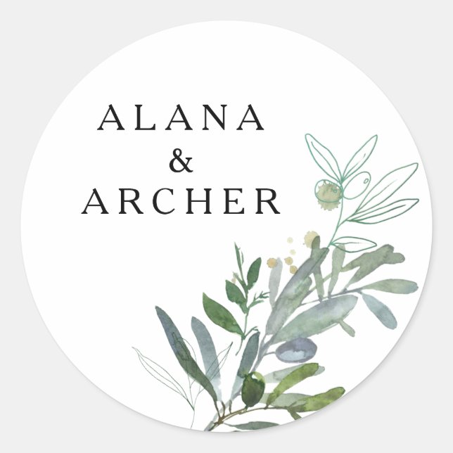 Sticker Rond Elégant Olive Greenery Mariage Enveloppe Phoques (Devant)