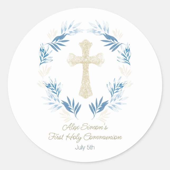 Sticker Rond Élégant Or Bleu Première Communion Sainte (Devant)