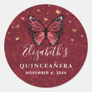 Sticker Rond Élégant Or et Bourgogne Papillon Quinceanera