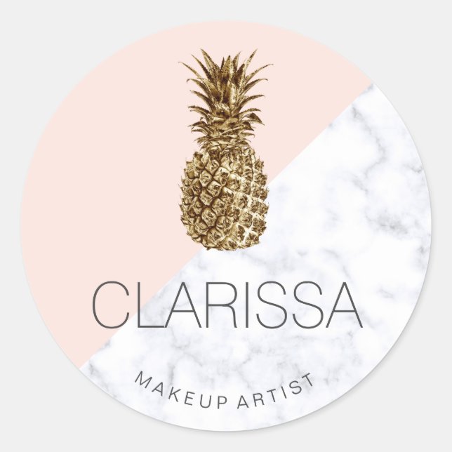 Sticker Rond Élégant or moderne ananas rose vif (Devant)