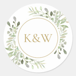 Sticker Rond Elégant or Monogramme Aquarelle Verdure Mariage
