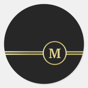 Sticker Rond Élégant or Monogramme personnalisé sur noir