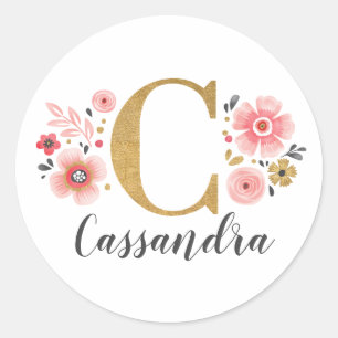 Sticker Rond Élégant or rose floral Monogramme Lettre initiale