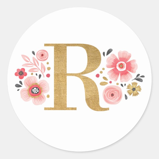 Sticker Rond Élégant or rose floral Monogramme Lettre initiale  (Devant)