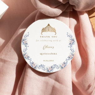 Sticker Rond Elégant or Tiara Blue Floral Quinceañera