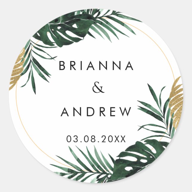 Sticker Rond Élégant, Palmier Vert, Bordure Or (Imitation) (Devant)