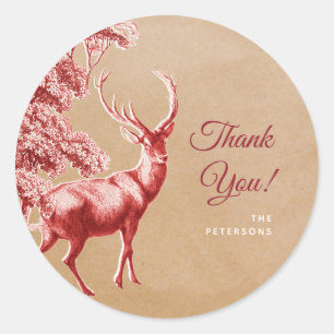 Sticker Rond Elégant papier Kraft Red Deer Merci Nom de famille