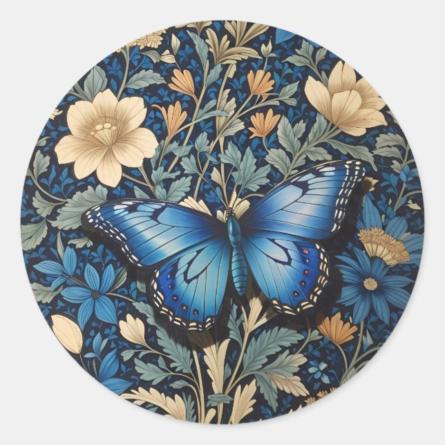 Sticker Rond Elégant Papillon Bleu William Morris Inspiré (Devant)