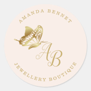 Sticker Rond Elégant papillon en or sur beige, monogramed