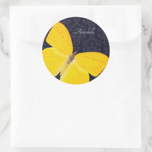 Sticker Rond Elégant Papillon jaune Noir Damas Ajouter un nom