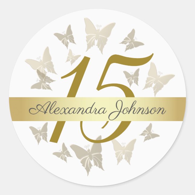 Sticker Rond Élégant Papillons d'or 15e anniversaire Quinceaner (Devant)