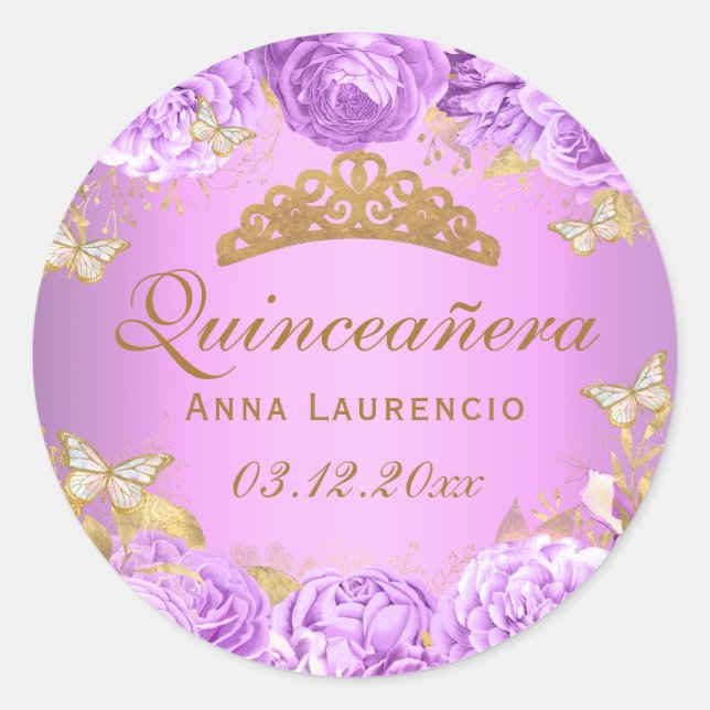 Sticker Rond Élégant Papillons floraux pourpres Quinceanera (Devant)