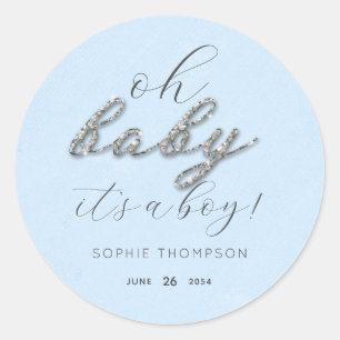 Sticker Rond Elégant Parties scintillant Bleu Baby shower Merci