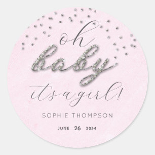 Sticker Rond Élégant Parties scintillant rose fille Merci Baby 