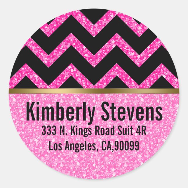 Sticker Rond Elégant Parties scintillant rose noir Chevron or A (Devant)