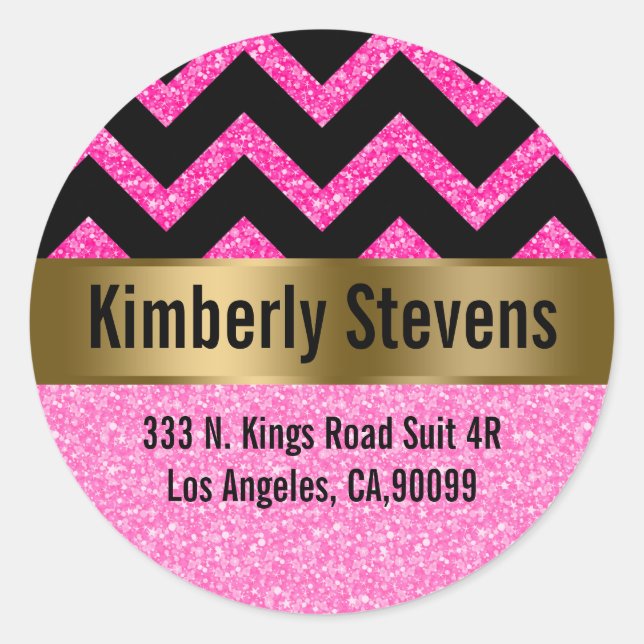 Sticker Rond Elégant Parties scintillant rose noir Chevron or A (Devant)
