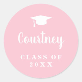 Sticker Rond Élégant Pastel Pink Nom du script Graduation Cap