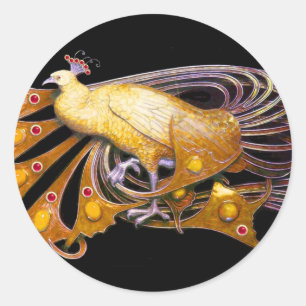 STICKER ROND ELÉGANT PEACOCK EN JAUNE, NOIR