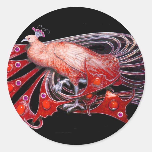 STICKER ROND ELÉGANT PEACOCK EN ROUGE, NOIR (Devant)