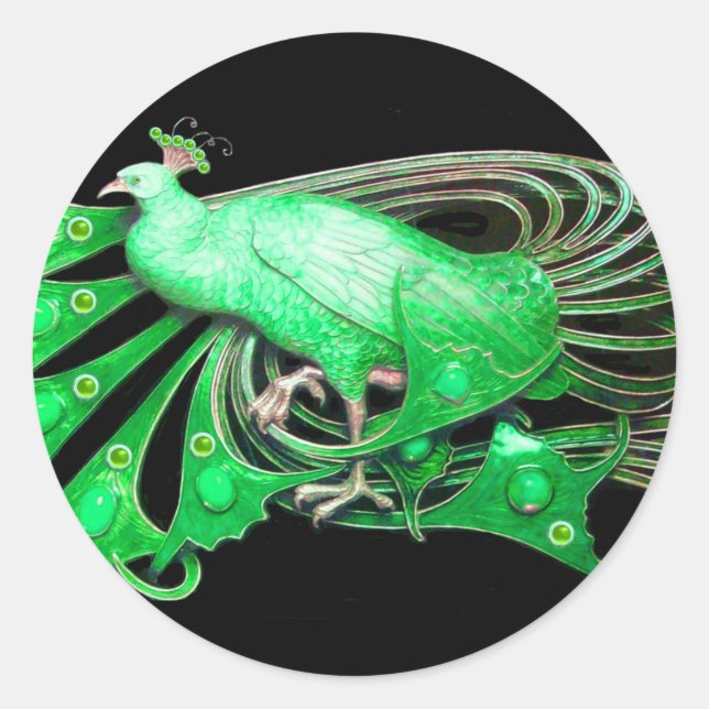 STICKER ROND ÉLÉGANT PEACOCK EN VERT, NOIR (Devant)
