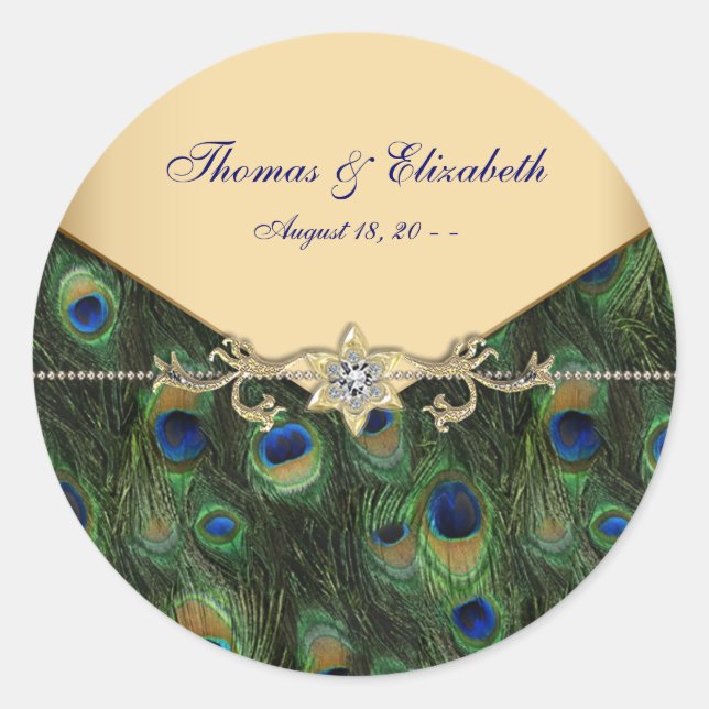 Sticker Rond Elégant Peacock Or Invitations de mariage (Devant)