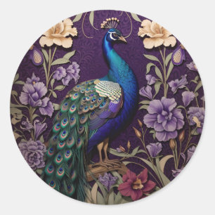 Sticker Rond Elégant Peacock Sur Purple William Morris Inspiré
