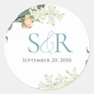 Sticker Rond Elégant Pêche Mariage Bleu Floral Personnalisé
