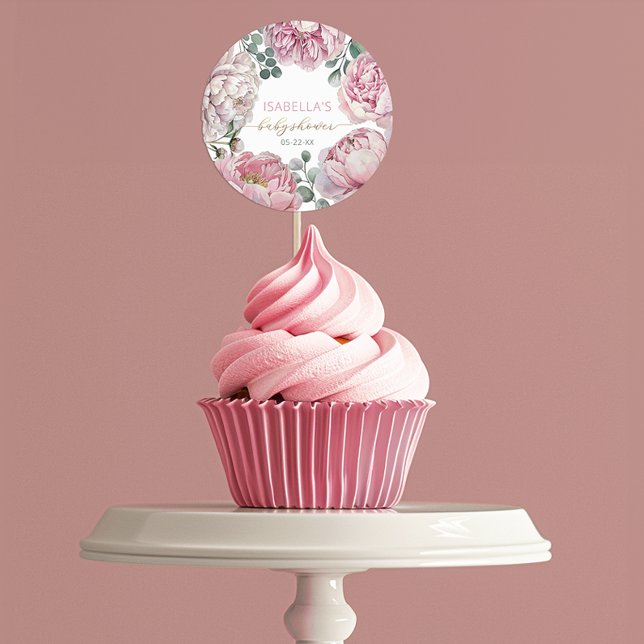 Sticker Rond Elégant Peony rose et  fille F Baby shower (Sticker favor for many uses)