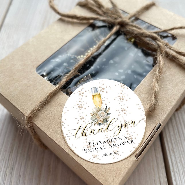 Sticker Rond Elegant Perles & Prosecco Fête des mariées Merci (Créateur téléchargé)