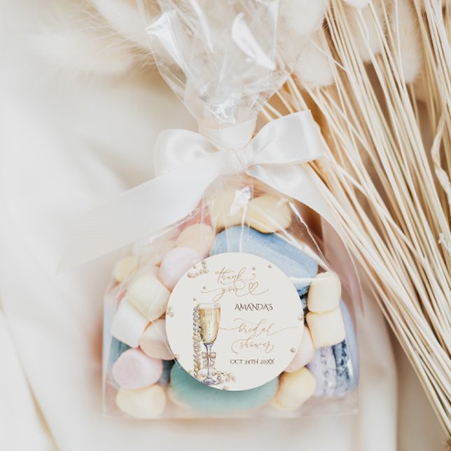 Sticker Rond Elegant Perles & Prosecco Fête des mariées Merci (Créateur téléchargé)