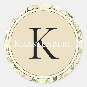 Sticker Rond Élégant Personnalisé Nom de famille Monogram Cream