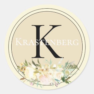 Sticker Rond Élégant Personnalisé Nom de famille Monogram Cream