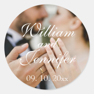 Sticker Rond Élégant Personnaliser Photo, Nom et Date Monogramm