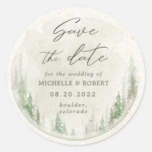 Sticker Rond Élégant Pins Rustiques Sauvez La Date